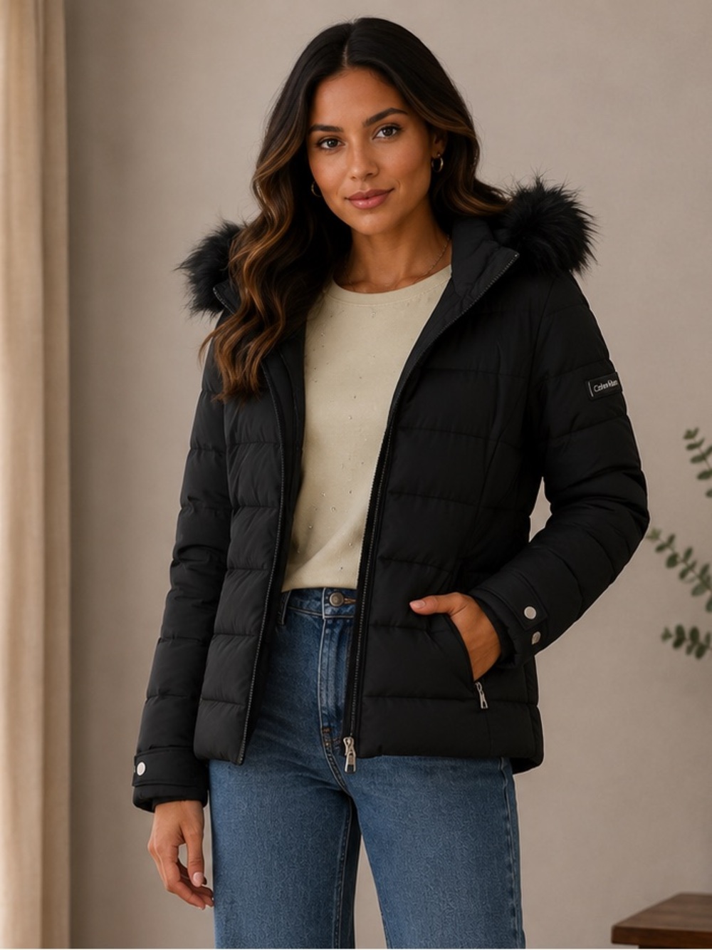 Calvin Klein Black Quilted Puffer Jacket with Faux Fur Trim